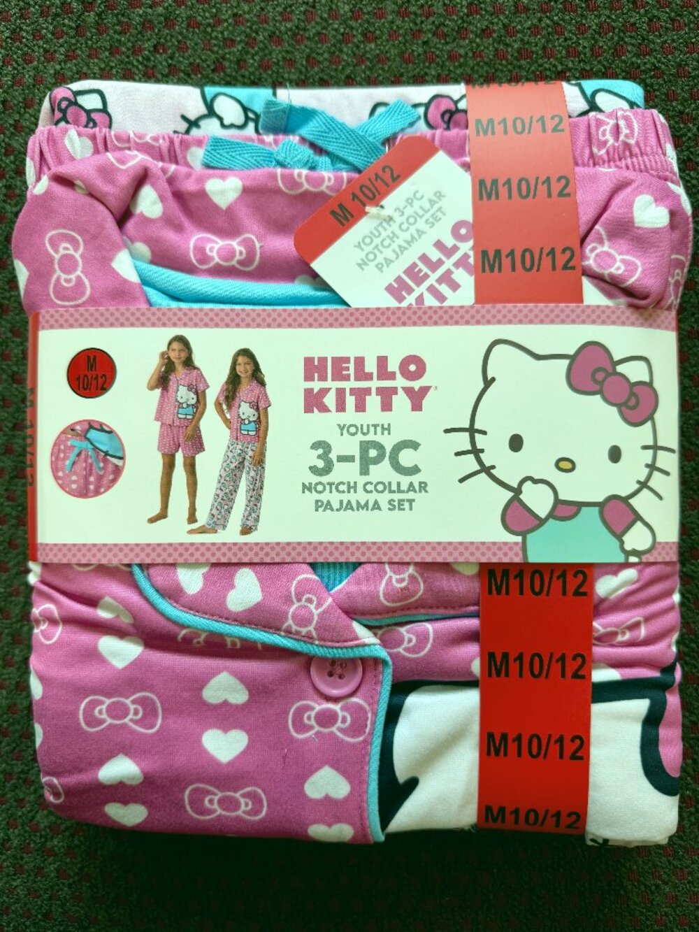 Hello Kitty Sanrio Girls 3-Piece Pajama Set Size Medium 10/12 Pink NWT Flame Res